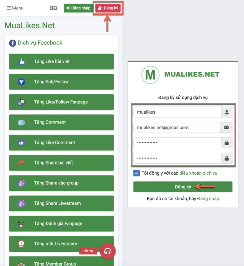 Đăng ký tài khoản trên MuaLikes.Net